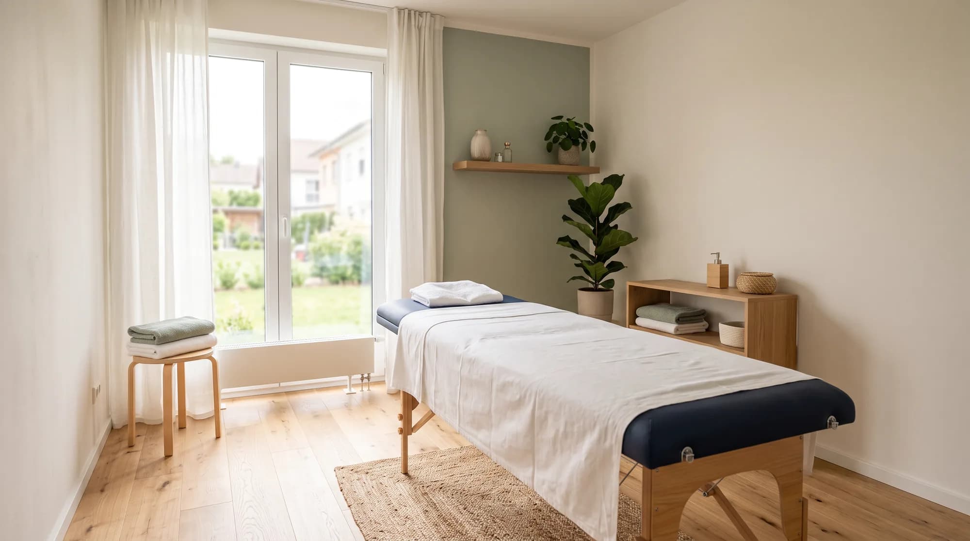 Heller Behandlungsraum mit Therapieliege am Fenster